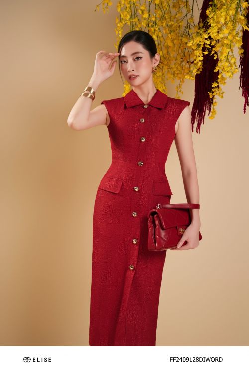 ĐẦM XỐP HOA ĐỎ CỔ ĐỨC ỐP NẮP TÚI